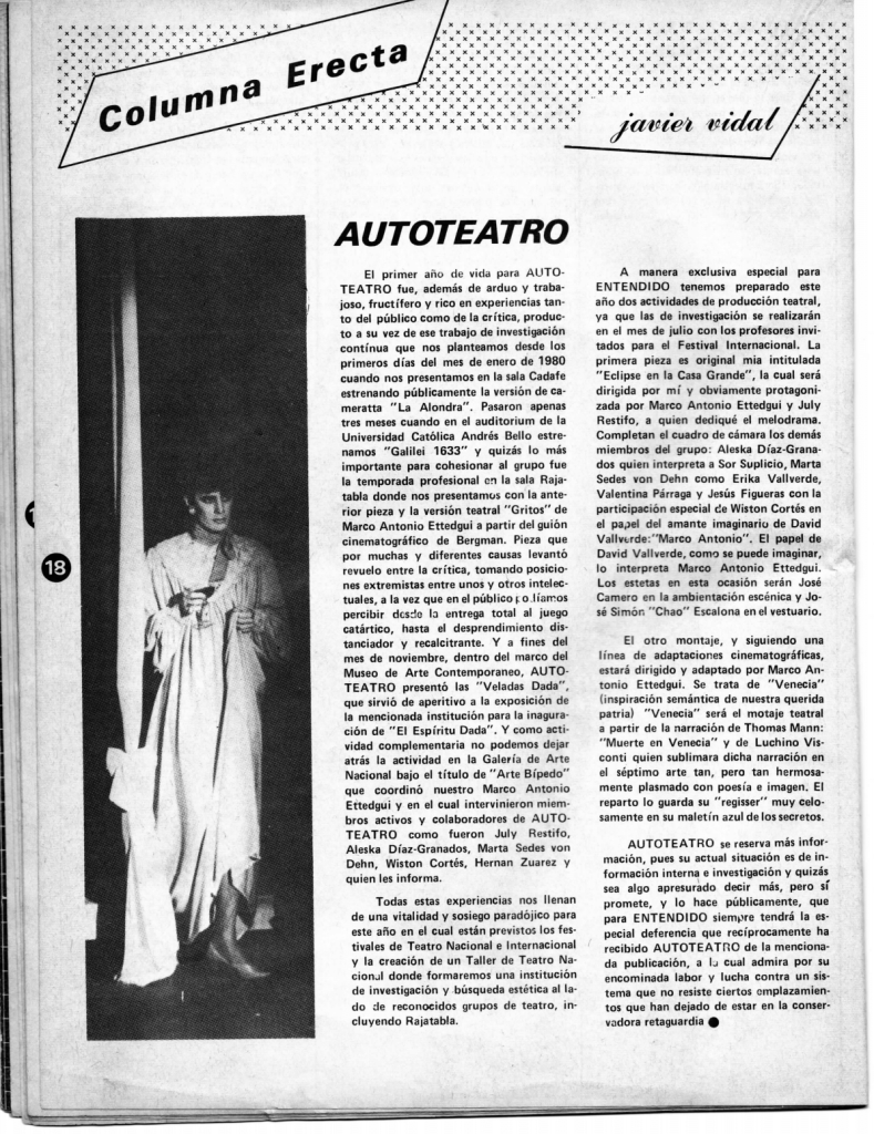 J.V.P. (Javier Vidal). “Autoteatro”, Columna Erecta. En: Entendido, año 2, número 5, Caracas, marzo-abril 1981, p. 18