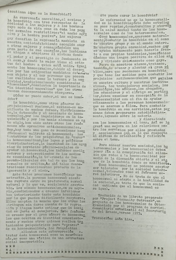 “¿Qué es la homofobia?” (cont.). En: Boletín Informativo del Grupo Entendido, n.º 1, Caracas, febrero-marzo 1982, p. 4.