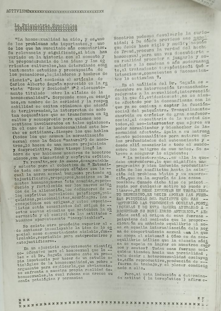 “La psiquiatría homofóbica”, sección “Activismo”.  En: Boletín Informativo del Grupo Entendido, n.º 1, Caracas, febrero-marzo 1982, p. 5.