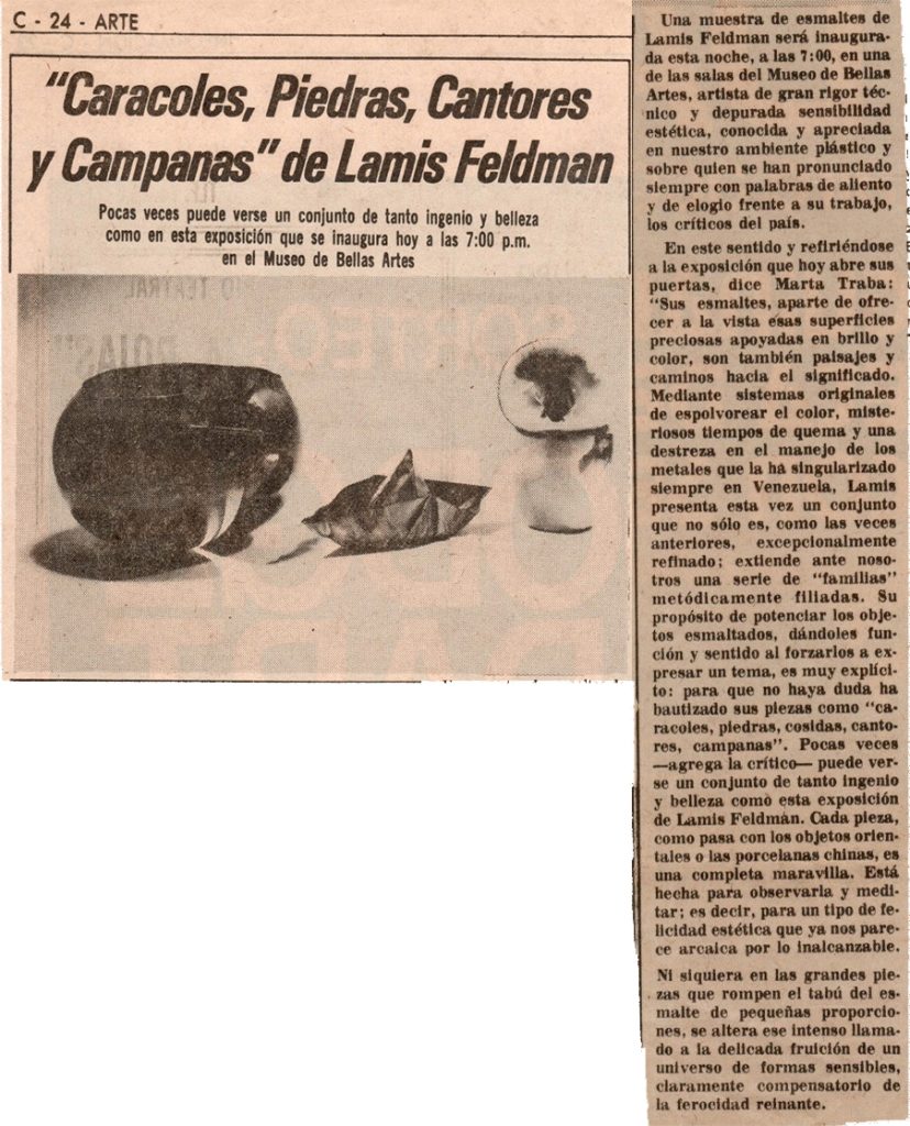 “Caracoles, Piedras, Cantores y Campanas de Lamis Feldman”, sin más datos [diciembre 1976].