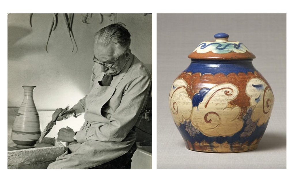 Bernard Leach aplicando una decoración con un pincel Hakeme en su taller en Cerámica Leach, St. Ives, 1963, y Jarrón cubierto con diseño de uva, quema raku, 1914  © The Bernard Leach Family. Tomado de:  https://www.apollo-magazine.com/bernard-leach-centenary/ https://mingeikan.or.jp/collection_series/bernard_leach/?lang=en