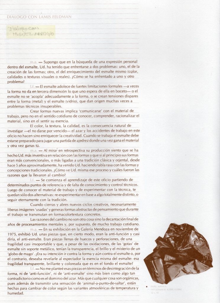 Alkimiae 18. Esmaltes. Lamis Feldman [catálogo de exposición]. Sala de exposiciones Fundación Eugenio Mendoza, Caracas, 1980. 