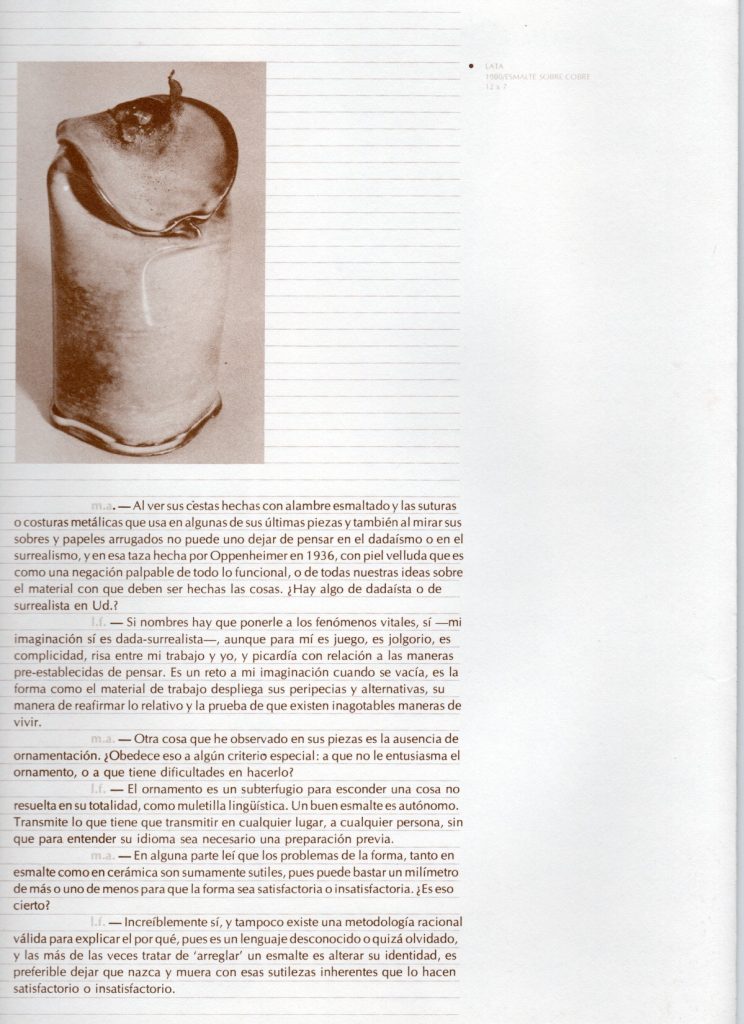 Alkimiae 18. Esmaltes. Lamis Feldman [catálogo de exposición]. Sala de exposiciones Fundación Eugenio Mendoza, Caracas, 1980. 