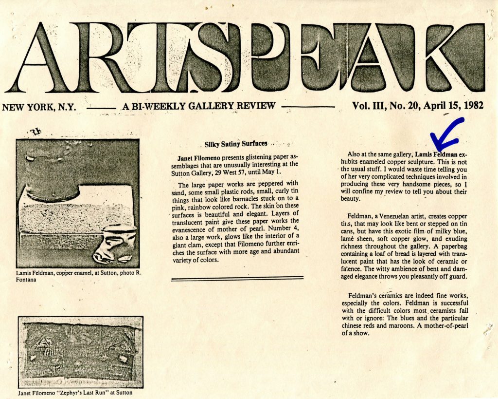 “Silky Satiny Surfaces”. En: Artspeak, no. 20, 15 de abril 1982, s.p. 