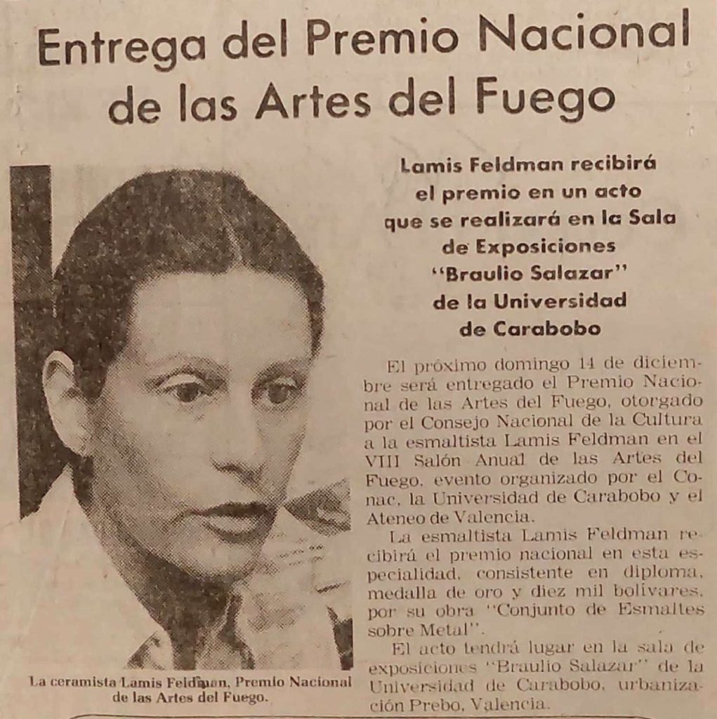 “Entrega del Premio Nacional de las Artes del Fuego”. En: El Universal. Caracas, 11 de diciembre de 1980, 4-4.