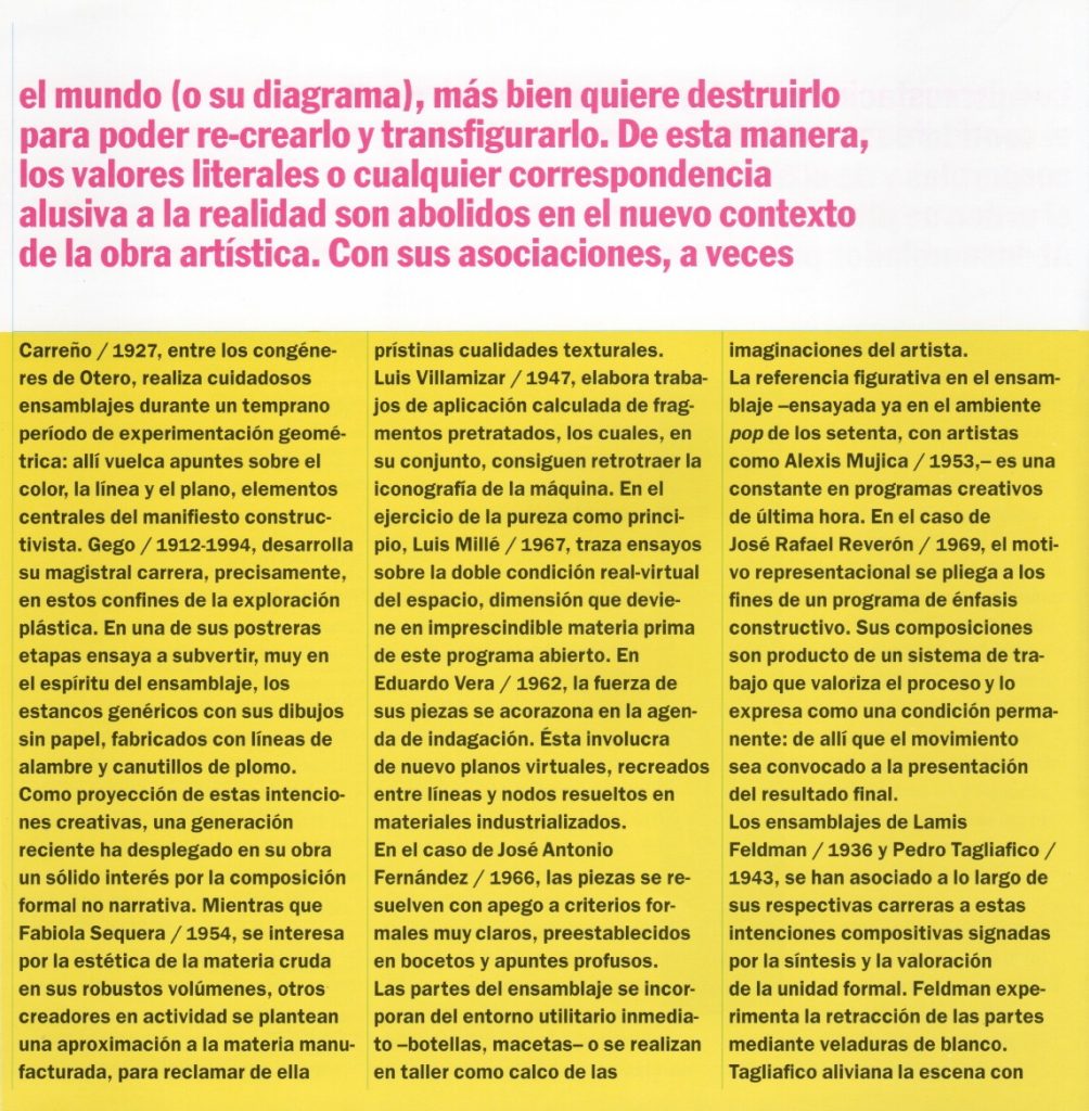 Ensamblaje. Arte y parte [catálogo de exposición]. Sala Cultural PDVSA Puerto La Cruz, Puerto La Cruz, 1998