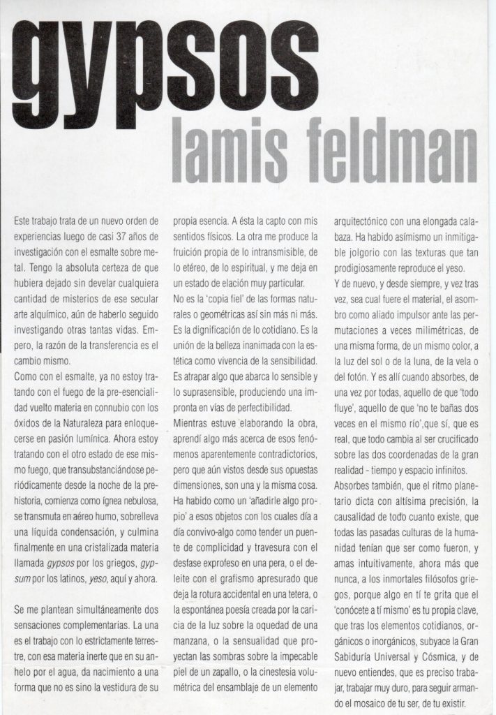 Lamis Feldman. Gypsos [folleto]. Dirección de Cultura, Universidad Metropolitana, Caracas, 1995. 