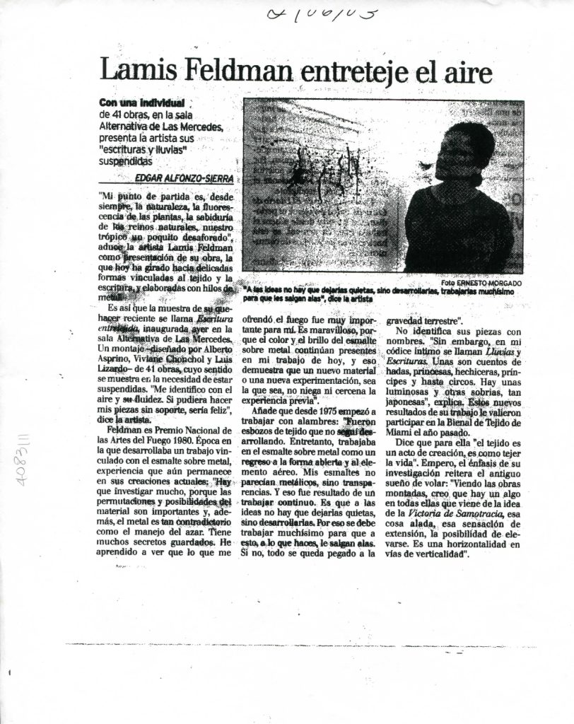 Edgar Alfonzo-Sierra. “Lamis Feldman entreteje el aire”. En: El Nacional. Caracas, 2 de junio de 2003