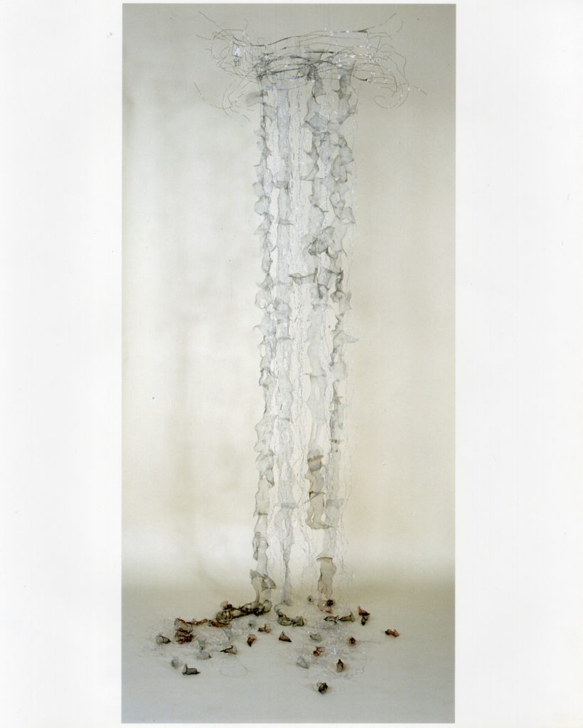 Lamis Feldman, Y sus lágrimas, lluvias y torrentes, devinieron flores, circa 2004, malla metálica y mostacillas. Fotografía de Enrico Armas