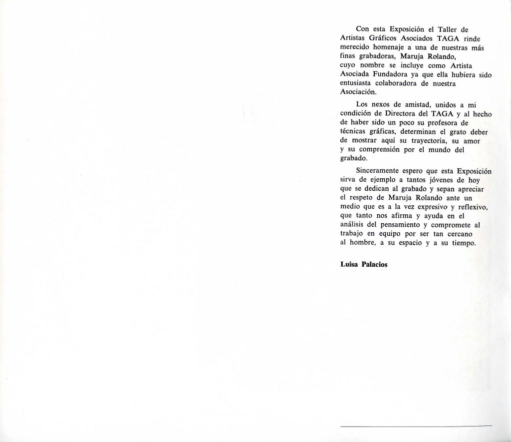 Maruja Rolando, 1923-1970. Obra gráfica. Caracas, TAGA [Taller de Artistas Gráficos Asociados], 1980, [p. 1].