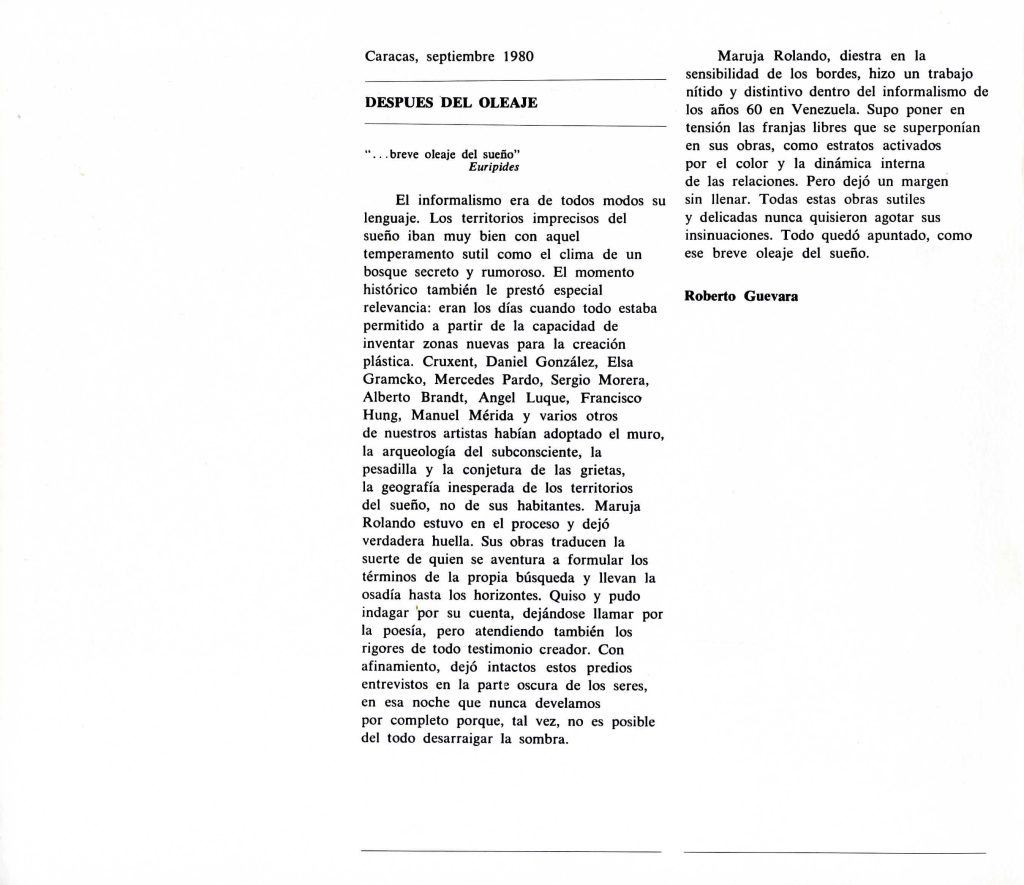 Maruja Rolando, 1923-1970. Obra gráfica. Caracas, TAGA [Taller de Artistas Gráficos Asociados], 1980, [p. 3].