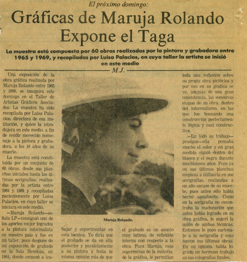 “Gráficas de Maruja Rolando expone el TAGA”. En: El Universal. Caracas, 14 de noviembre 1980.