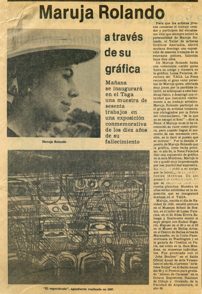 “Maruja Rolando a través de su gráfica”. En: El Nacional. Caracas, 15 de noviembre 1980. 
