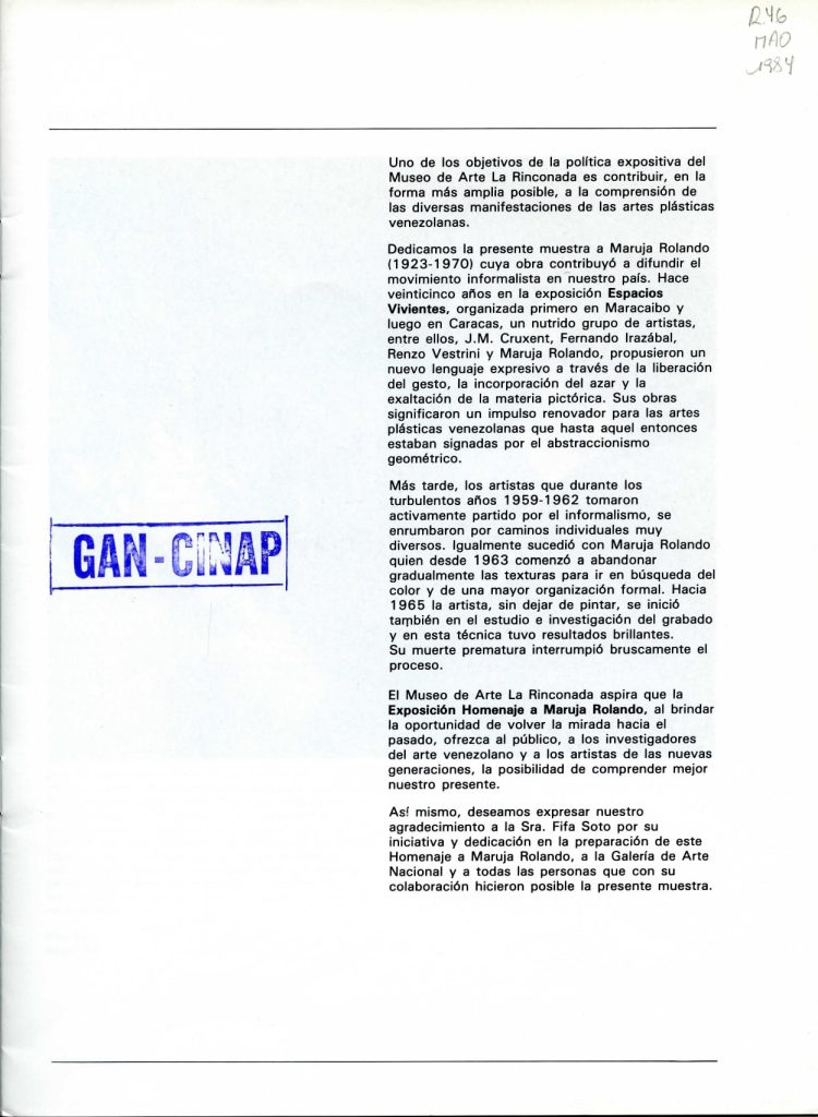 Exposición Homenaje a Maruja Rolando [catálogo], Museo de Arte La Rinconada, Caracas, 1984