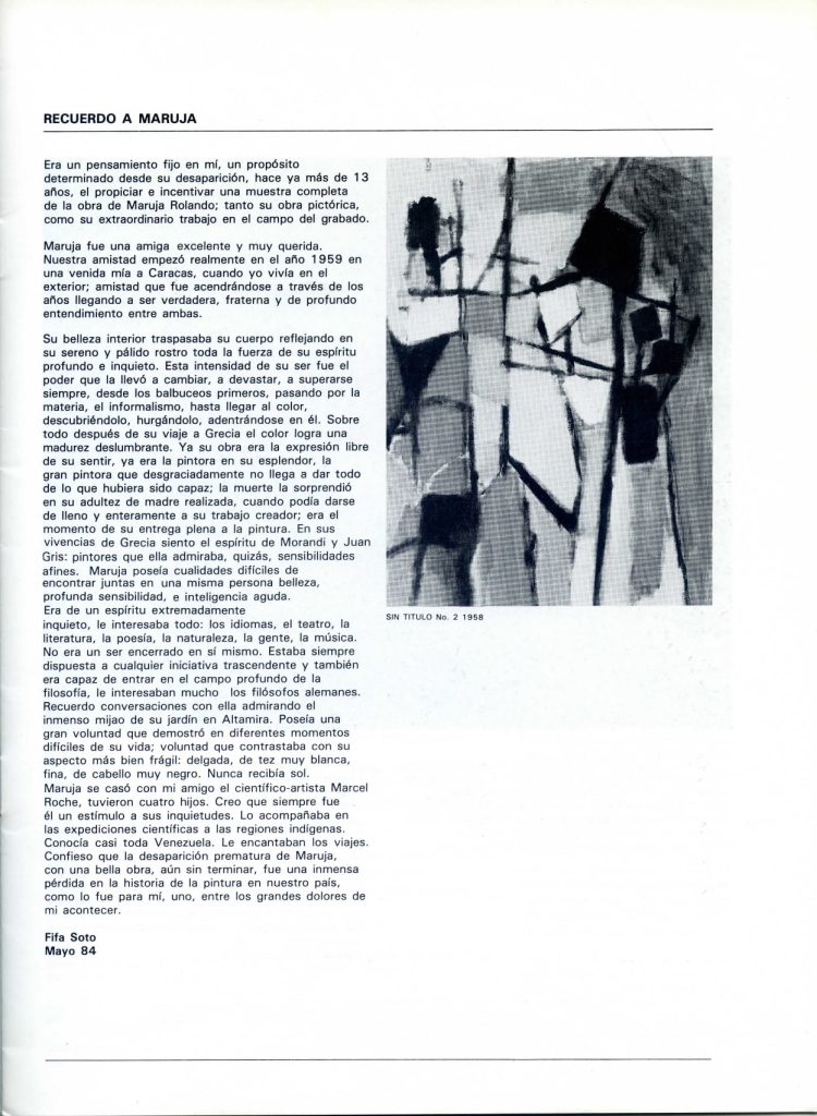 Exposición Homenaje a Maruja Rolando [catálogo], Museo de Arte La Rinconada, Caracas, 1984