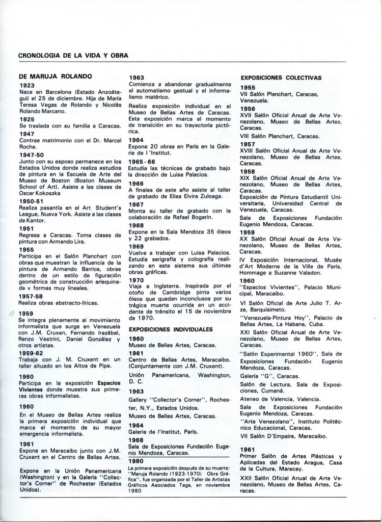 Exposición Homenaje a Maruja Rolando [catálogo], Museo de Arte La Rinconada, Caracas, 1984