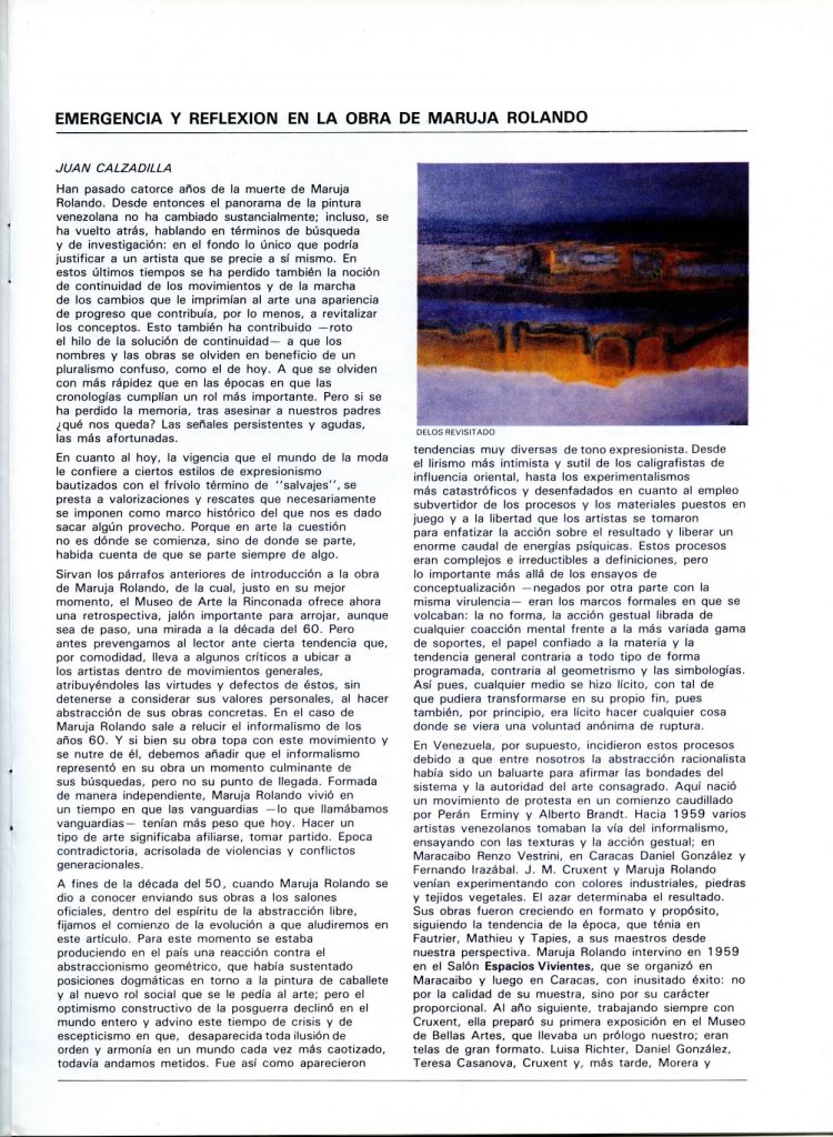 Exposición Homenaje a Maruja Rolando [catálogo], Museo de Arte La Rinconada, Caracas, 1984
