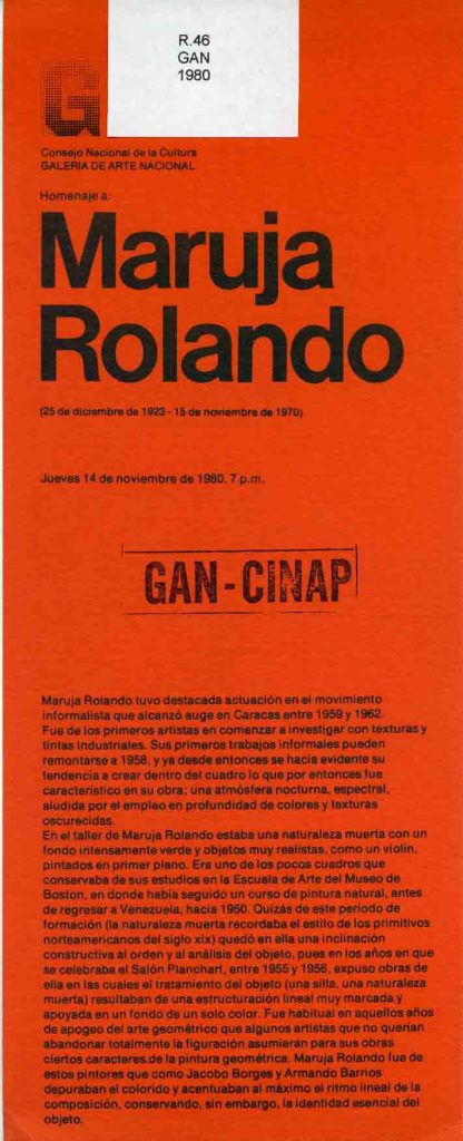 Homenaje a Maruja Rolando [folleto], Galería de Arte Nacional, Caracas, 1980