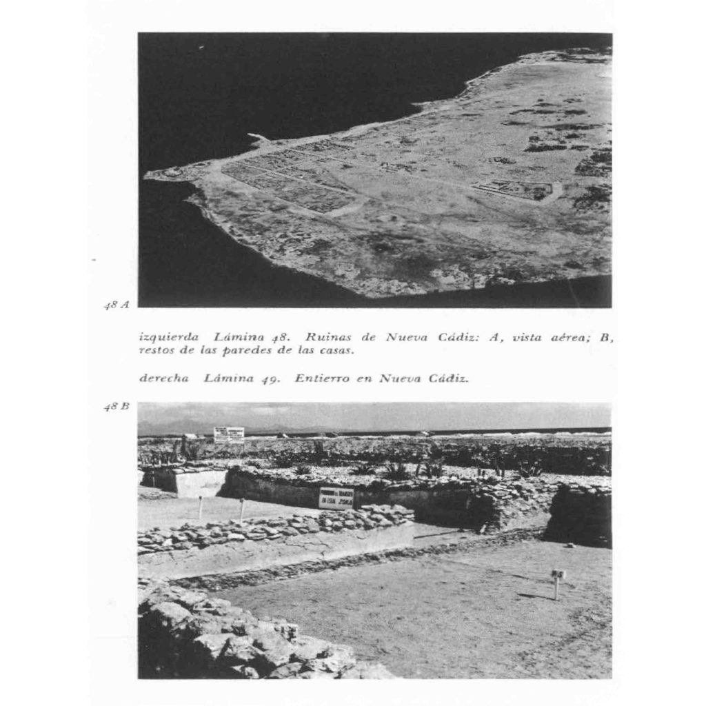 Vista aérea de las ruinas de Nueva Cádiz, y restos de las paredes de las casas, según registro del libro de J.M. Cruxent e Irving Rouse, Arqueología venezolana, 1961, p. 232. Fotografía de Bela Sziklay ¿?