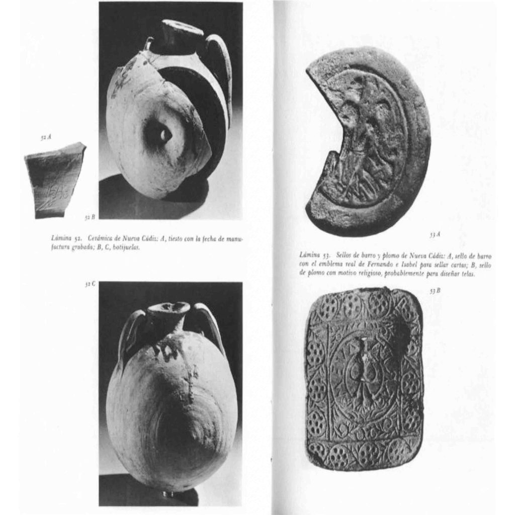 Cerámica no aborigen y sellos hallados en Nueva Cádiz. J.M. Cruxent e Irving Rouse, Arqueología venezolana, 1961, p. 235. Fotografía de Bela Sziklay ¿?