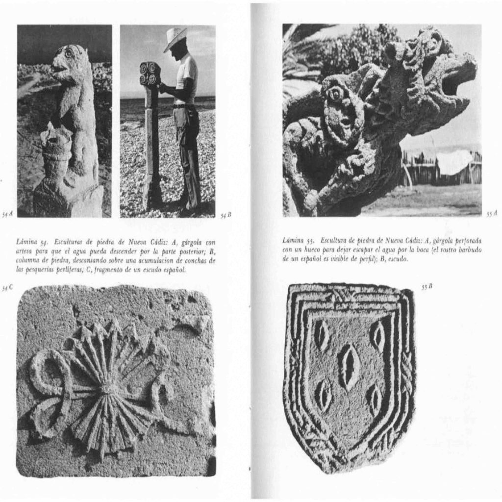 Esculturas de piedra halladas en Nueva Cádiz. J.M. Cruxent e Irving Rouse, Arqueología venezolana, 1961, p. 236. Fotografía de Bela Sziklay ¿?