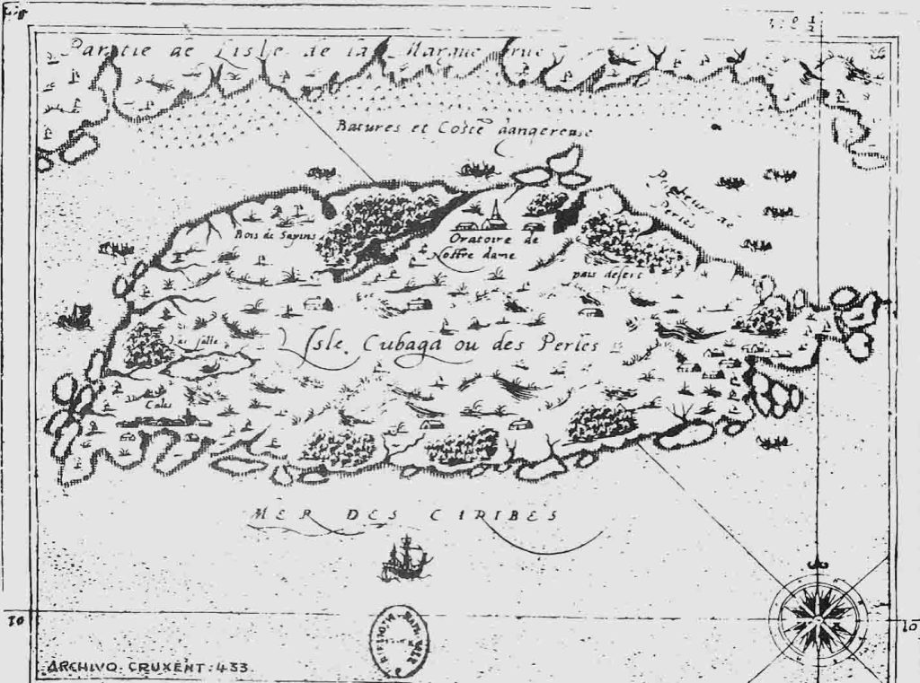 Mapa francés (siglo XVI) de la isla de Cubagua, empleado por J.M. Cruxent. Tomado de: https://infinitoproducciones.com/nueva-cadiz-una-cubagua-antes-del-hoy/
