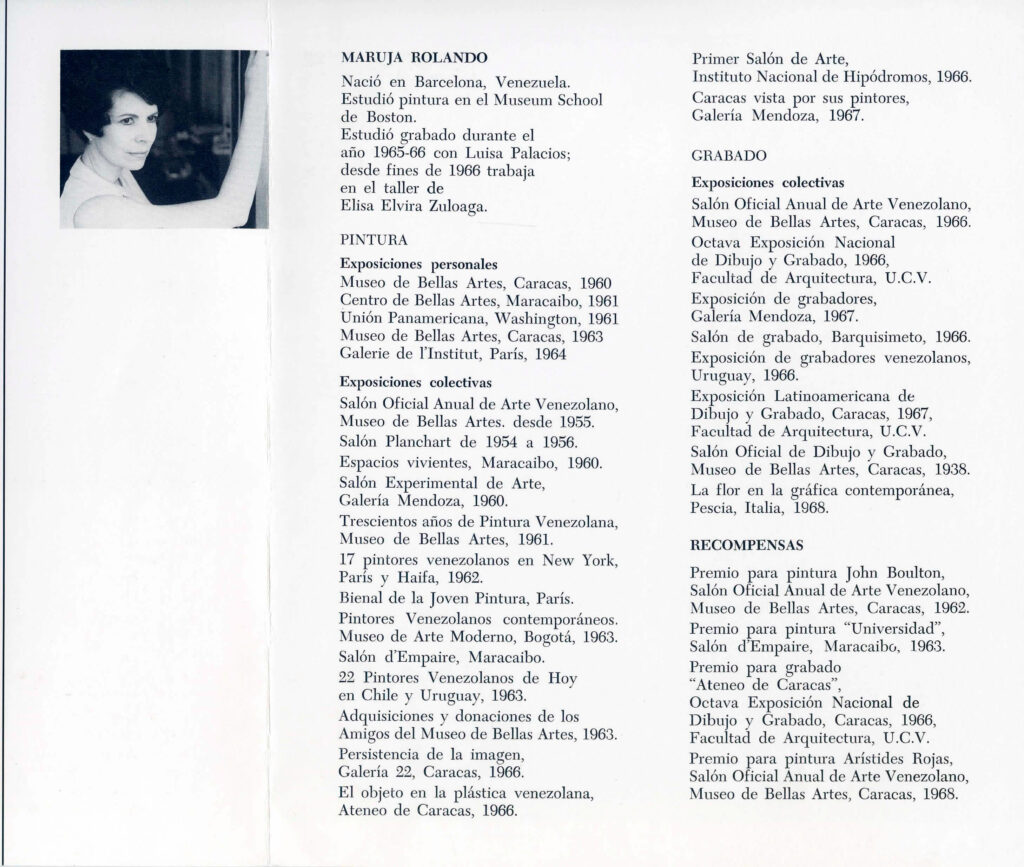 Maruja Rolando [catálogo de exposición]. Caracas, Sala de Exposiciones, Fundación Eugenio Mendoza, 1968, [p. 3].