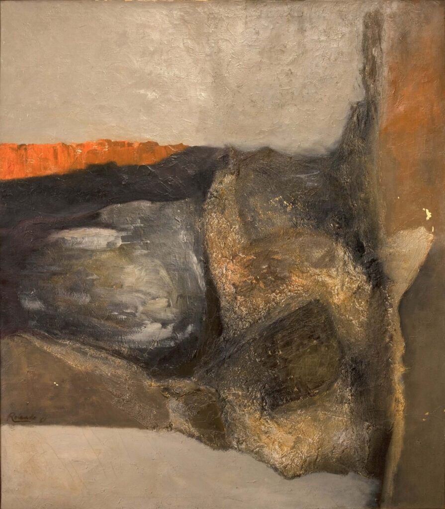 Maruja Rolando. Disonancia sentimental. 1961. Óleo sobre tela. Colección MAMBO. Esta obra formó parte de la exhibición colectiva Pintura contemporánea venezolana (1963) y Viceversa: posiciones y perspectivas de una colección (2023) en el Museo de Arte Moderno de Bogotá. 