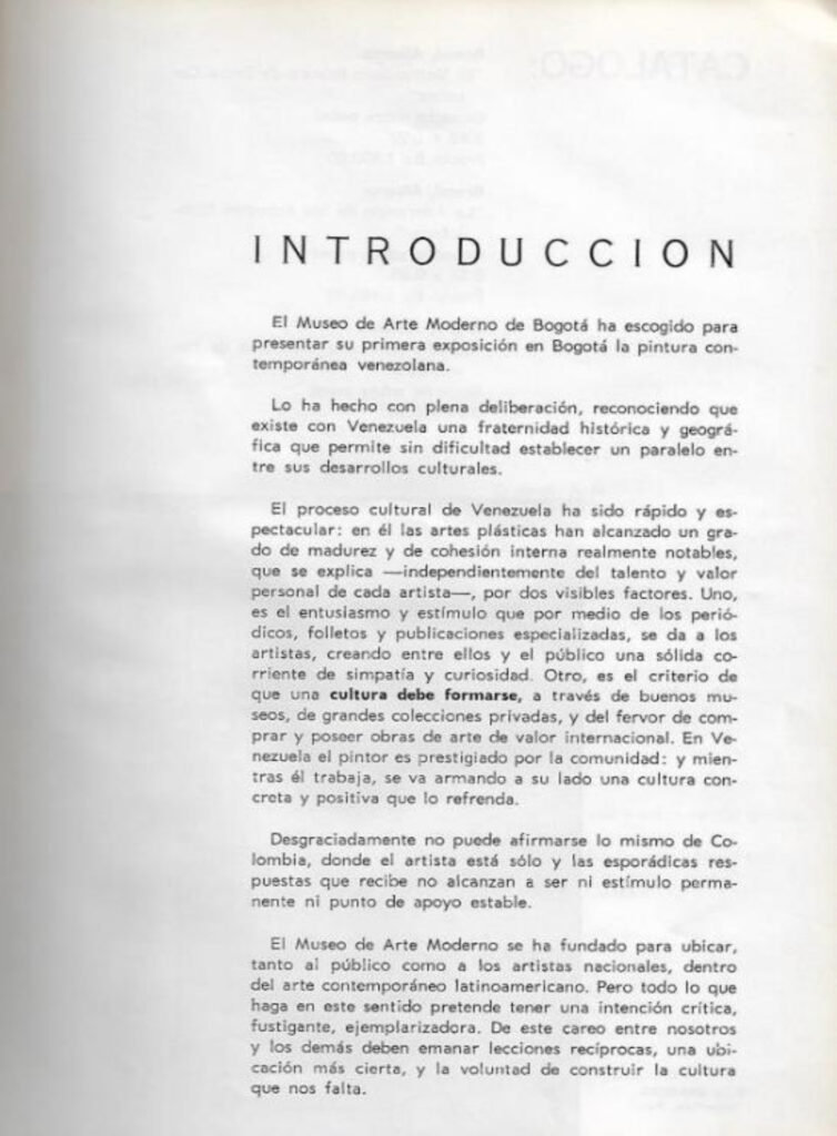 Pintura contemporánea venezolana [catálogo], Museo de Arte Moderno de Bogotá, Bogotá, 1963. Imágenes de catálogo extraídas de: MENDIETA, Alexandra, “Coleccionismo público de arte moderno en Colombia (1948- 1965): los casos del Museo Nacional y el Museo de Arte Moderno de Bogotá” (tesis doctoral, Universidad Autónoma de Madrid, 2018), p. 243. Tomado de: https://repositorio.uam.es/entities/publication/d7da2b33-f0a4-4789-9aae-f0a40a4edfd6