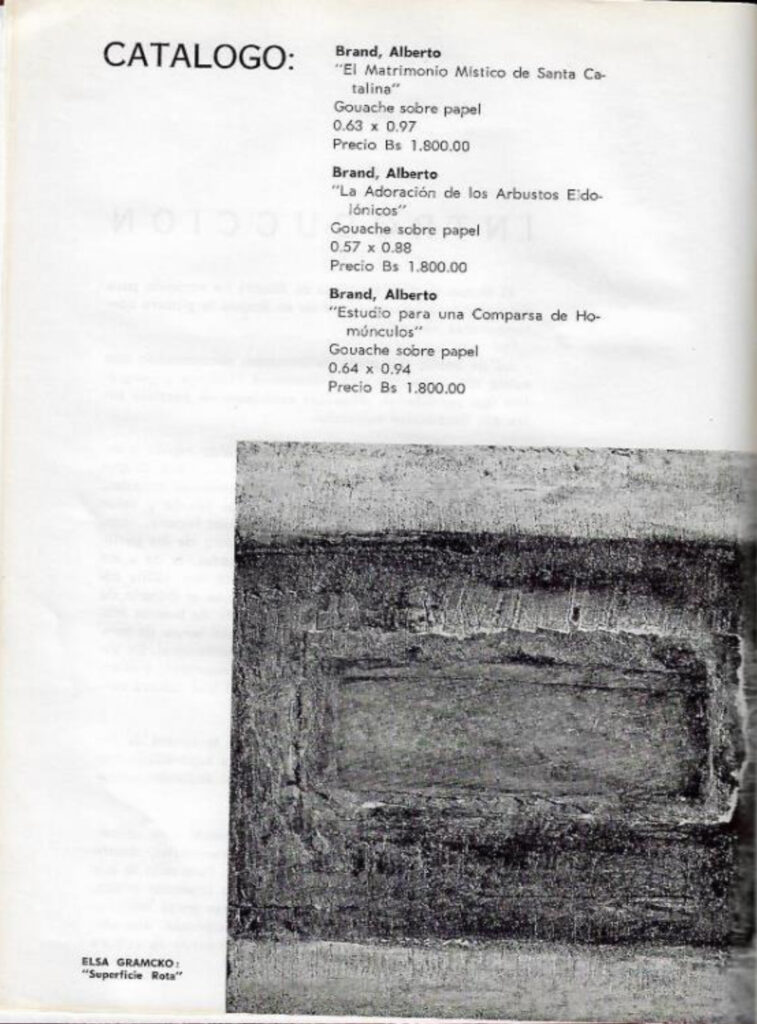 Pintura contemporánea venezolana [catálogo], Museo de Arte Moderno de Bogotá, Bogotá, 1963. Imágenes de catálogo extraídas de: MENDIETA, Alexandra, “Coleccionismo público de arte moderno en Colombia (1948- 1965): los casos del Museo Nacional y el Museo de Arte Moderno de Bogotá” (tesis doctoral, Universidad Autónoma de Madrid, 2018), p. 243. Tomado de: https://repositorio.uam.es/entities/publication/d7da2b33-f0a4-4789-9aae-f0a40a4edfd6