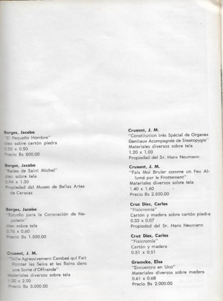 Pintura contemporánea venezolana [catálogo], Museo de Arte Moderno de Bogotá, Bogotá, 1963. Imágenes de catálogo extraídas de: MENDIETA, Alexandra, “Coleccionismo público de arte moderno en Colombia (1948- 1965): los casos del Museo Nacional y el Museo de Arte Moderno de Bogotá” (tesis doctoral, Universidad Autónoma de Madrid, 2018), p. 243. Tomado de: https://repositorio.uam.es/entities/publication/d7da2b33-f0a4-4789-9aae-f0a40a4edfd6