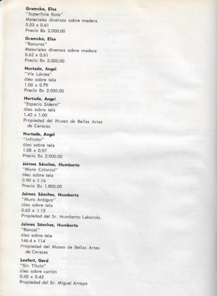 Pintura contemporánea venezolana [catálogo], Museo de Arte Moderno de Bogotá, Bogotá, 1963. Imágenes de catálogo extraídas de: MENDIETA, Alexandra, “Coleccionismo público de arte moderno en Colombia (1948- 1965): los casos del Museo Nacional y el Museo de Arte Moderno de Bogotá” (tesis doctoral, Universidad Autónoma de Madrid, 2018), p. 243. Tomado de: https://repositorio.uam.es/entities/publication/d7da2b33-f0a4-4789-9aae-f0a40a4edfd6