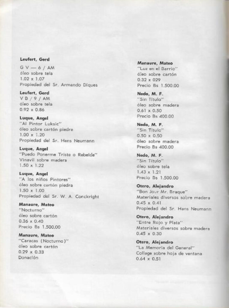 Pintura contemporánea venezolana [catálogo], Museo de Arte Moderno de Bogotá, Bogotá, 1963. Imágenes de catálogo extraídas de: MENDIETA, Alexandra, “Coleccionismo público de arte moderno en Colombia (1948- 1965): los casos del Museo Nacional y el Museo de Arte Moderno de Bogotá” (tesis doctoral, Universidad Autónoma de Madrid, 2018), p. 243. Tomado de: https://repositorio.uam.es/entities/publication/d7da2b33-f0a4-4789-9aae-f0a40a4edfd6