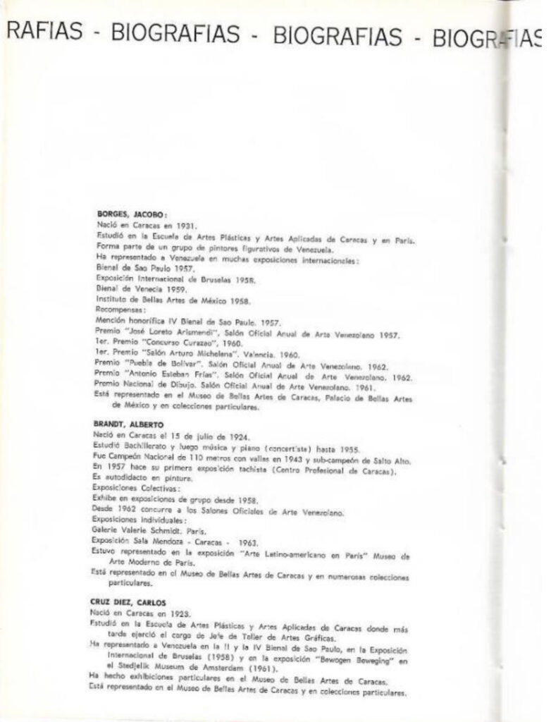 Pintura contemporánea venezolana [catálogo], Museo de Arte Moderno de Bogotá, Bogotá, 1963. Imágenes de catálogo extraídas de: MENDIETA, Alexandra, “Coleccionismo público de arte moderno en Colombia (1948- 1965): los casos del Museo Nacional y el Museo de Arte Moderno de Bogotá” (tesis doctoral, Universidad Autónoma de Madrid, 2018), p. 243. Tomado de: https://repositorio.uam.es/entities/publication/d7da2b33-f0a4-4789-9aae-f0a40a4edfd6