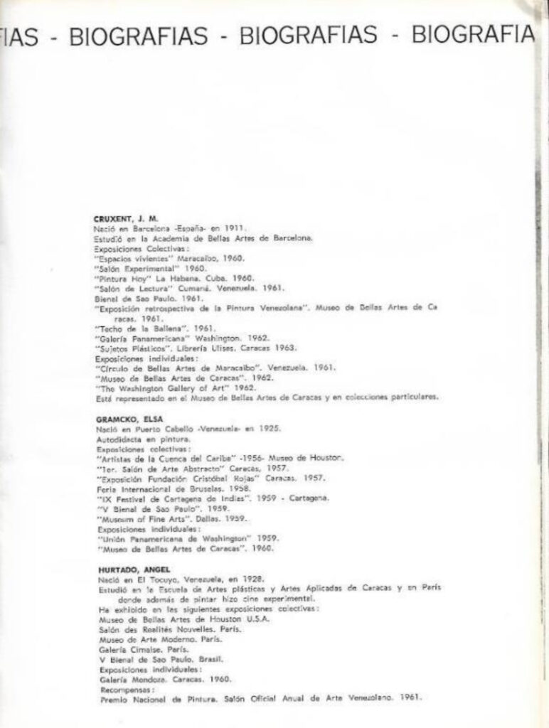 Pintura contemporánea venezolana [catálogo], Museo de Arte Moderno de Bogotá, Bogotá, 1963. Imágenes de catálogo extraídas de: MENDIETA, Alexandra, “Coleccionismo público de arte moderno en Colombia (1948- 1965): los casos del Museo Nacional y el Museo de Arte Moderno de Bogotá” (tesis doctoral, Universidad Autónoma de Madrid, 2018), p. 243. Tomado de: https://repositorio.uam.es/entities/publication/d7da2b33-f0a4-4789-9aae-f0a40a4edfd6