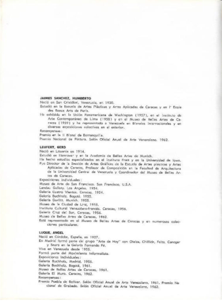 Pintura contemporánea venezolana [catálogo], Museo de Arte Moderno de Bogotá, Bogotá, 1963. Imágenes de catálogo extraídas de: MENDIETA, Alexandra, “Coleccionismo público de arte moderno en Colombia (1948- 1965): los casos del Museo Nacional y el Museo de Arte Moderno de Bogotá” (tesis doctoral, Universidad Autónoma de Madrid, 2018), p. 243. Tomado de: https://repositorio.uam.es/entities/publication/d7da2b33-f0a4-4789-9aae-f0a40a4edfd6