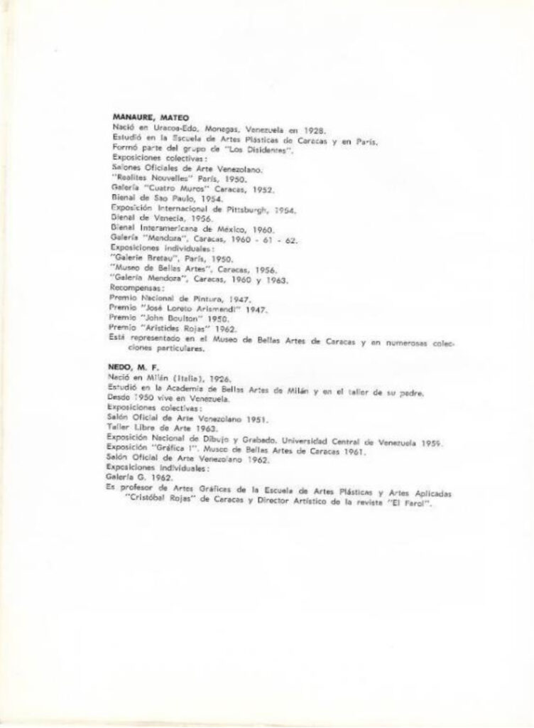 Pintura contemporánea venezolana [catálogo], Museo de Arte Moderno de Bogotá, Bogotá, 1963. Imágenes de catálogo extraídas de: MENDIETA, Alexandra, “Coleccionismo público de arte moderno en Colombia (1948- 1965): los casos del Museo Nacional y el Museo de Arte Moderno de Bogotá” (tesis doctoral, Universidad Autónoma de Madrid, 2018), p. 243. Tomado de: https://repositorio.uam.es/entities/publication/d7da2b33-f0a4-4789-9aae-f0a40a4edfd6