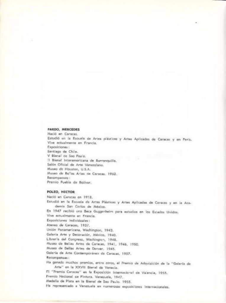 Pintura contemporánea venezolana [catálogo], Museo de Arte Moderno de Bogotá, Bogotá, 1963. Imágenes de catálogo extraídas de: MENDIETA, Alexandra, “Coleccionismo público de arte moderno en Colombia (1948- 1965): los casos del Museo Nacional y el Museo de Arte Moderno de Bogotá” (tesis doctoral, Universidad Autónoma de Madrid, 2018), p. 243. Tomado de: https://repositorio.uam.es/entities/publication/d7da2b33-f0a4-4789-9aae-f0a40a4edfd6