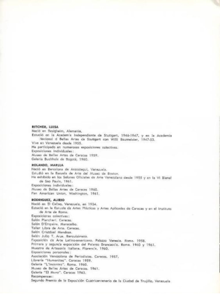 Pintura contemporánea venezolana [catálogo], Museo de Arte Moderno de Bogotá, Bogotá, 1963. Imágenes de catálogo extraídas de: MENDIETA, Alexandra, “Coleccionismo público de arte moderno en Colombia (1948- 1965): los casos del Museo Nacional y el Museo de Arte Moderno de Bogotá” (tesis doctoral, Universidad Autónoma de Madrid, 2018), p. 243. Tomado de: https://repositorio.uam.es/entities/publication/d7da2b33-f0a4-4789-9aae-f0a40a4edfd6