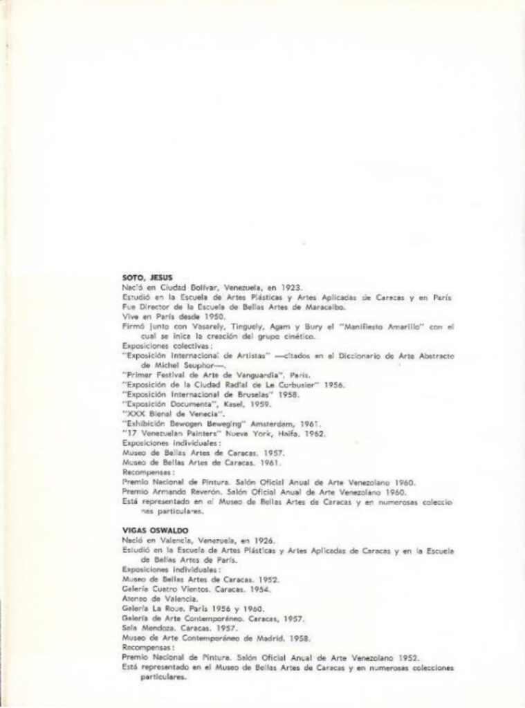 Pintura contemporánea venezolana [catálogo], Museo de Arte Moderno de Bogotá, Bogotá, 1963. Imágenes de catálogo extraídas de: MENDIETA, Alexandra, “Coleccionismo público de arte moderno en Colombia (1948- 1965): los casos del Museo Nacional y el Museo de Arte Moderno de Bogotá” (tesis doctoral, Universidad Autónoma de Madrid, 2018), p. 243. Tomado de: https://repositorio.uam.es/entities/publication/d7da2b33-f0a4-4789-9aae-f0a40a4edfd6