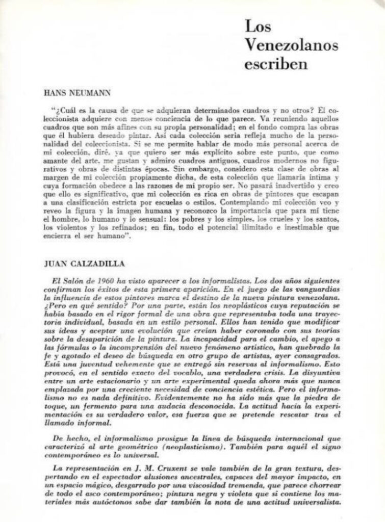 Pintura contemporánea venezolana [catálogo], Museo de Arte Moderno de Bogotá, Bogotá, 1963. Imágenes de catálogo extraídas de: MENDIETA, Alexandra, “Coleccionismo público de arte moderno en Colombia (1948- 1965): los casos del Museo Nacional y el Museo de Arte Moderno de Bogotá” (tesis doctoral, Universidad Autónoma de Madrid, 2018), p. 243. Tomado de: https://repositorio.uam.es/entities/publication/d7da2b33-f0a4-4789-9aae-f0a40a4edfd6