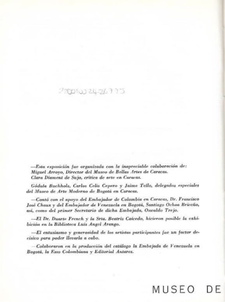 Pintura contemporánea venezolana [catálogo], Museo de Arte Moderno de Bogotá, Bogotá, 1963. Imágenes de catálogo extraídas de: MENDIETA, Alexandra, “Coleccionismo público de arte moderno en Colombia (1948- 1965): los casos del Museo Nacional y el Museo de Arte Moderno de Bogotá” (tesis doctoral, Universidad Autónoma de Madrid, 2018), p. 243. Tomado de: https://repositorio.uam.es/entities/publication/d7da2b33-f0a4-4789-9aae-f0a40a4edfd6