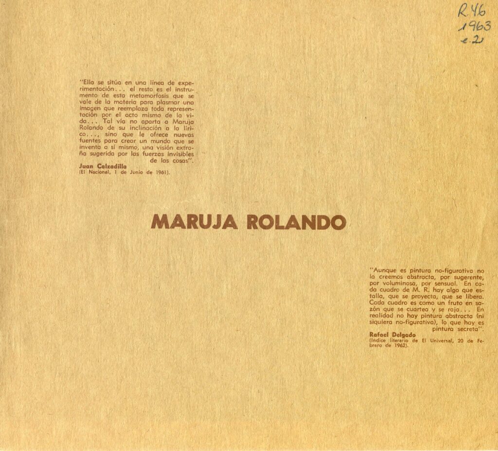 Maruja Rolando [catálogo], Museo de Bellas Artes de Caracas, Caracas, 1963.