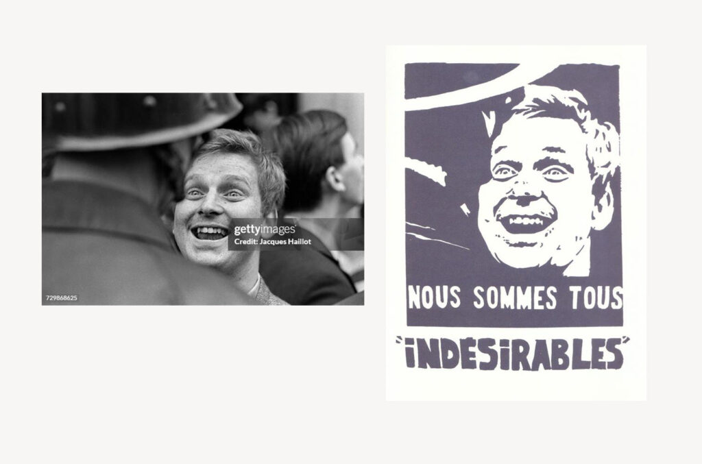 Empleo de la imagen fotográfica en los carteles de protesta del Mayo francés. Izquierda: Daniel Cohn-Bendit, dirigente estudiantil, confronta a un policía durante la expulsión de 500 estudiantes que ocupaban la Universidad de la Sorbona en París, 6 de mayo de 1968. Foto de Jacques Halllot/ Sygma, vía Getty Images. Derecha: “Nous sommes tous ‘indesirables’” (Todos somos indeseables), cartel de protesta realizado por Imprimeries Cogery, Cabasson et Du Griffon, 27 de junio de 1968