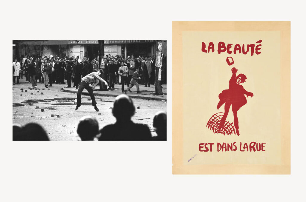 Empleo de la imagen fotográfica en los carteles de protesta del Mayo francés. Izquierda: Un estudiante arroja piedras a la policía durante las protestas de mayo de 1968 en París. Gamma-Keystone, vía Getty Images. Derecha: “La beauté est dans la rue” (La belleza está en la calle), cartel de protesta realizado por Atelier Populaire, durante las revueltas estudiantiles, 1968