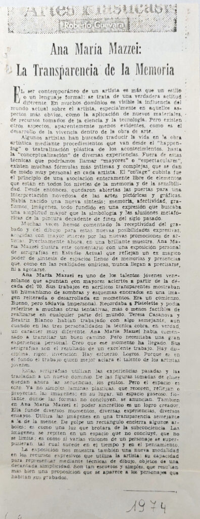 Roberto Guevara. “Ana María Mazzei: la transparencia de la memoria”. El Nacional, Caracas, 9 de enero 1974.