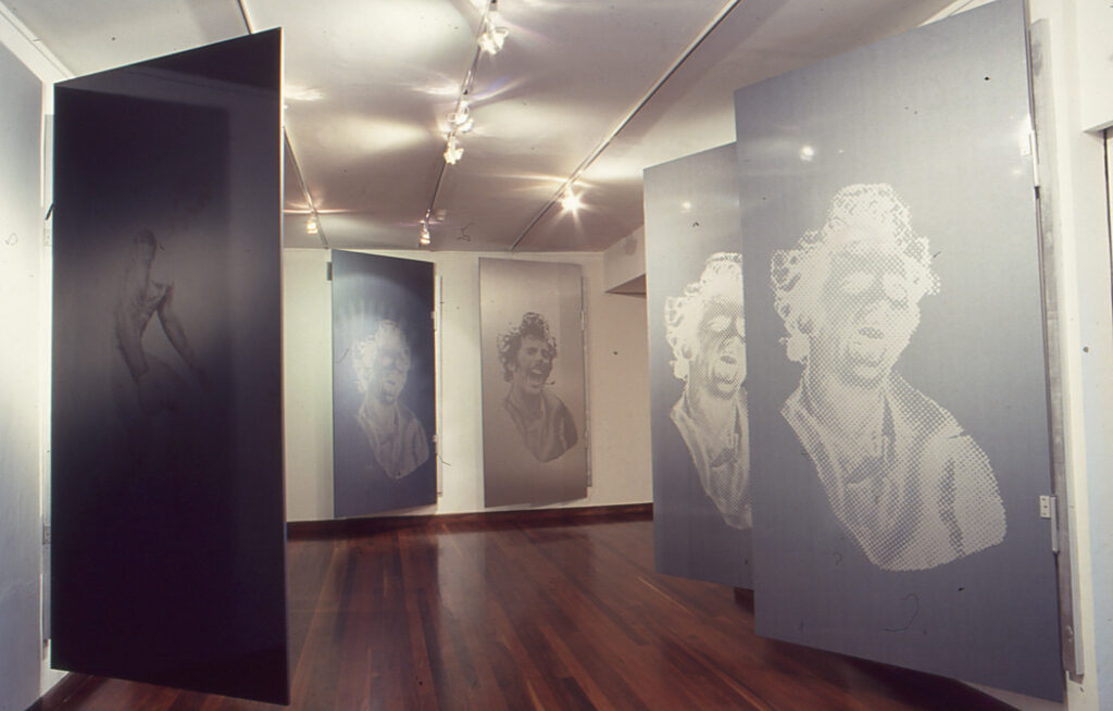 Ana María Mazzei. Ámbito. Serigrafía y esmalte sobre 14 puertas de madera revestida con fórmica aluminizada. 244 x 122 cm c/u, en la exposición Natura, Museo de Arte Contemporáneo de Caracas Sofía Ímber, 1993.