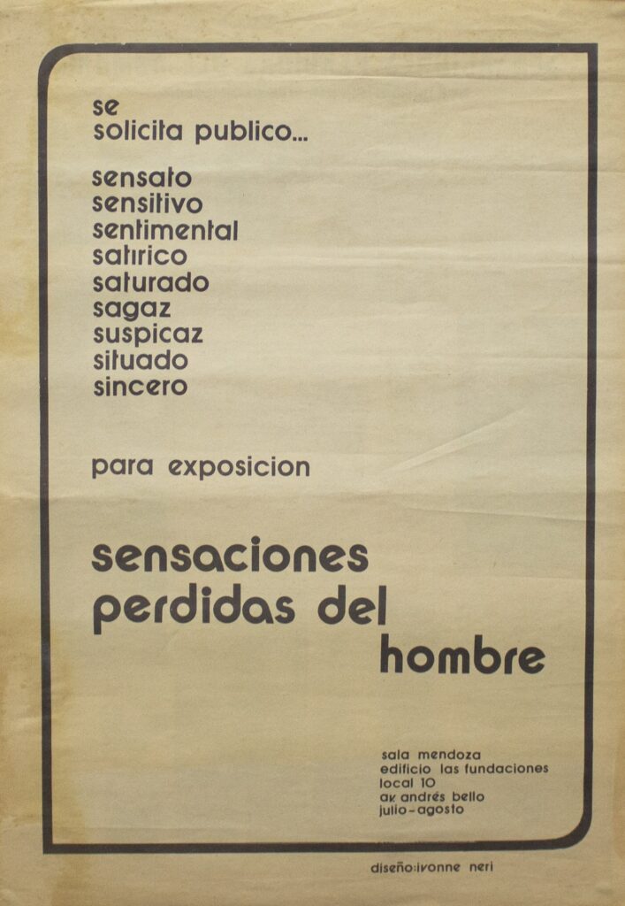 Sensaciones perdidas del hombre [encarte]. Caracas, Sala de exposiciones Fundación Eugenio Mendoza, 1972, anverso.
