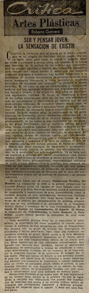 Roberto Guevara. “Ser y pensar joven: la sensación de existir”. En: El Nacional. Caracas, 18 de julio de 1972.