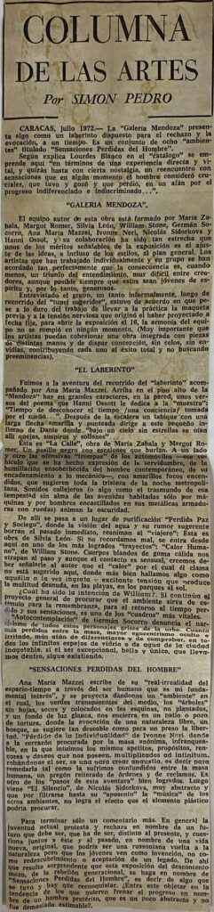 Simón Pedro. “Columna de las artes”. En: El Universal. Caracas, 23 de julio de 1972.